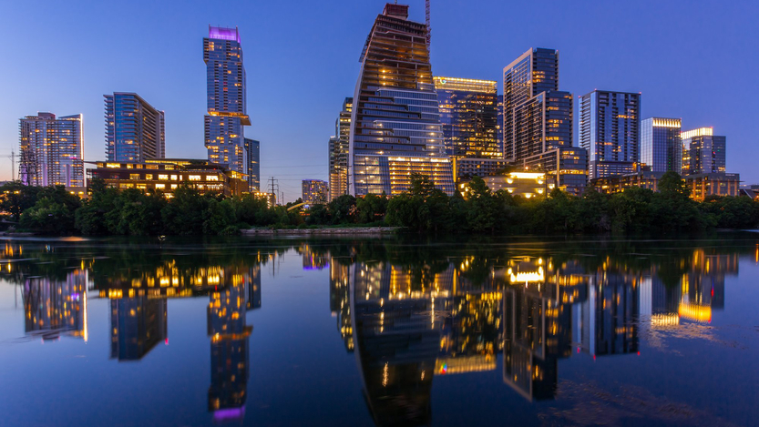 A nighttime photo of the Austin skyline. A nighttime photo of the Austin skyline.