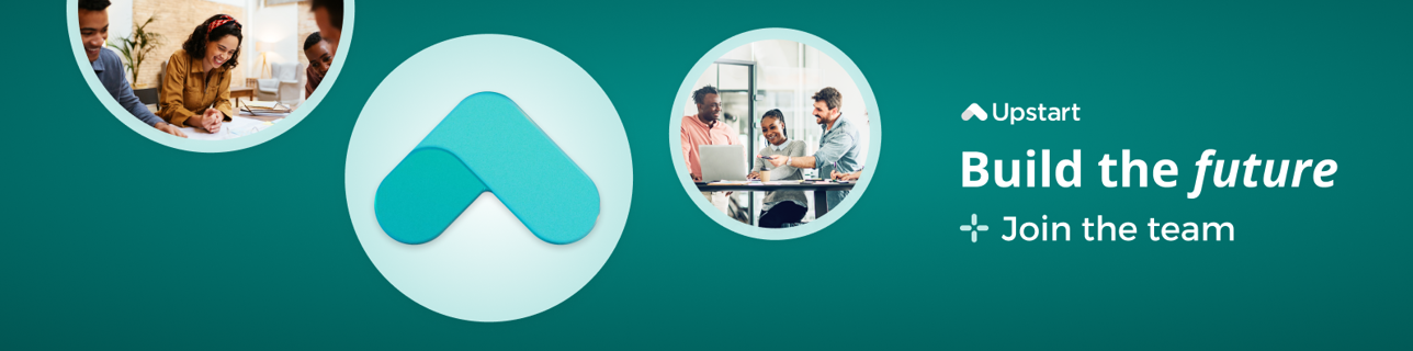 Upstart logo, people working, and tagline "Build the future, join the team"